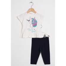 Zepkids Bisiklet Yaka Kısa Kol Sweet Days Baskılı Ekru Renk Kız Çocuk Taytlı Takım