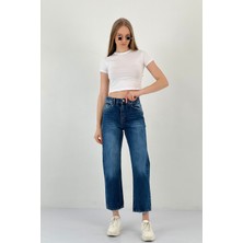 Miss Poem Kadın Bilek Boy Bol Paça Jeans Baggy Fit Mavi Kot Pantolon