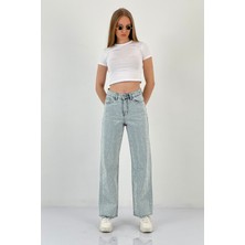 Kadın Wide Leg Taşlı Jeans Baggy Fit Buz Mavi Kot Pantolon