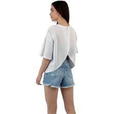 Kadın Dudak Desenli Oversize Basic Beyaz Tişört