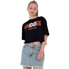 Kadın Oversize Çiçek Baskı Kısa Siyah Crop Tişört