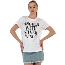 Kadın Angel Baskılı Kısa Kollu Yazlık Beyaz Tişört