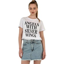 Kadın Angel Baskılı Kısa Kollu Yazlık Beyaz Tişört