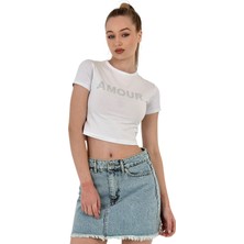 Kadın Taşlı Kısa Kollu Yazlık Beyaz Crop Tişört