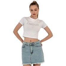 Kadın Taşlı Kısa Kollu Yazlık Beyaz Crop Tişört
