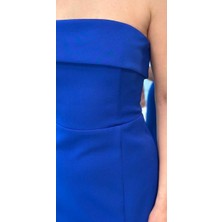 Saks Yırtmaçlı Düz Kesim Krep Midi Abiye Elbise 7692