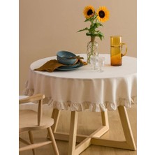 Fırfırlı Yıkanmış Buldan Keten Sade Düz  Pamuklu Naturel Bej Yuvarlak Masa Örtüsü