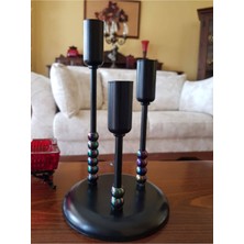 Dekoratif Üçlü Metal Mumluk Siyah Petrol Renk