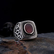 Tesbih Sepetim 925 Ayar Gümüş Oval Akik Taşlı Desen Motifli Erkek Yüzük