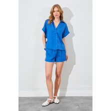Tena Kadın Indigo Oversize Düşük Kol Gömlek Şortlu Takım