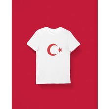 Çocuk Kırmızı Ay Yıldız Transfer Baskılı Yuvarlak Yaka Kısa Kol Tişört