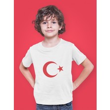 Çocuk Kırmızı Ay Yıldız Transfer Baskılı Yuvarlak Yaka Kısa Kol Tişört