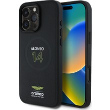 iPhone 16 Pro Kılıf Aston Martin Lisanslı Magsafe Özellikli Pu Deri Alonso 14 Baskılı Kapak Siyah