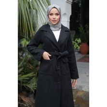 Kapak Detaylı Kaşe Kaban Siyah