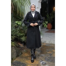 Kapak Detaylı Kaşe Kaban Siyah