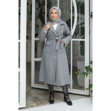 Kapak Detaylı Kaşe Kaban Gri