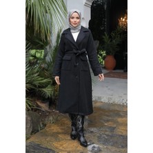 Kapak Detaylı Kaşe Kaban Siyah