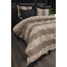 Fırfırlı Leopar Desenli Lastikli Çarşaflı Çift Kişilik Nevresim T