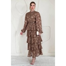 Elbee Fashion Woman Kahve Volanlı Şeritli Kat Kat Elbise