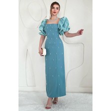 Elbee Fashion Woman Mint Kolu Garnili İşleme Detaylı Elbise
