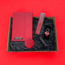 Kişiye Özel Kalpli Set Kalp Ayna & Kalp Anahtarlık & Tükenmez Kalem & Çizgili Defter Hediye Kutusu