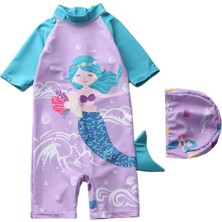 Güneş Korumalı Kısa Kollu Mermaid Denizkızı Desenli Kız Çocuk Mayo Upf Kız Çocuk Mayo