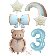 Mavi Renk Fiyonk Rakam Gökkuşağı Yıldız ve Karamel Renk Ayıcıklı Folyo Balon Seti Yaş 3