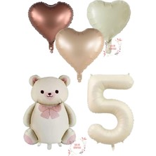Krem Renk Rakam Ayıcıklı ve Kalpli Folyo Balon Seti Yaş 5