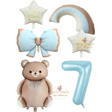 Mavi Renk Fiyonk Rakam Gökkuşağı Yıldız ve Karamel Renk Ayıcıklı Folyo Balon Seti Yaş 7
