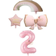 Pembe Renk Fiyonk Gökkuşağı Yıldız ve Rakam Folyo Balon Seti Yaş 2