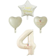 Krem Renk Rakam Happy Bırthday Yazılı Yıldız ve Kalpli Folyo Balon Seti Yaş 4