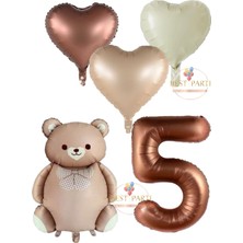 Kahverengi Renk Rakam Ayıcıklı ve Kalpli Folyo Balon Seti Yaş 5