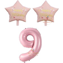 Pembe Renk Rakam ve Happy Bırthday Yazılı Yıldız Folyo Balon Seti Yaş 9