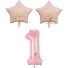 Pembe Renk Rakam ve Happy Bırthday Yazılı Yıldız Folyo Balon Seti Yaş 1