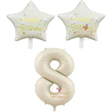 Bej Rakam ve Happy Bırthday Yazılı Yıldız Folyo Balon Seti Yaş 8