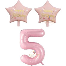 Pembe Renk Rakam ve Happy Bırthday Yazılı Yıldız Folyo Balon Seti Yaş 5