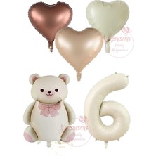 Rönesans Krem Renk Rakam Ayıcıklı ve Kalpli Folyo Balon Seti Yaş 6