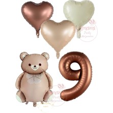 Rönesans Kahverengi Renk Rakam Ayıcıklı ve Kalpli Folyo Balon Seti Yaş 9