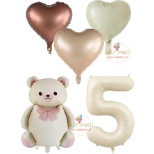 Krem Renk Rakam Ayıcıklı ve Kalpli Folyo Balon Seti Yaş 5
