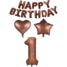 Kahverengi Renk Happy Bırthday Rakam Kalp Yıldız Folyo Balon Seti Yaş 1