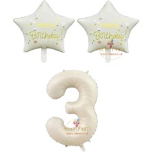 Bej Rakam ve Happy Bırthday Yazılı Yıldız Folyo Balon Seti Yaş 3