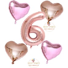 Rose Gold Rakam Kalp ve Pembe Kalp Folyo Balon Seti Yaş 6