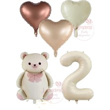 Rönesans Krem Renk Rakam Ayıcıklı ve Kalpli Folyo Balon Seti Yaş 2
