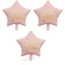 Rönesans Pembe Renk Happy Bırthday Yazılı Yıldız Folyo Balon 3 Adet