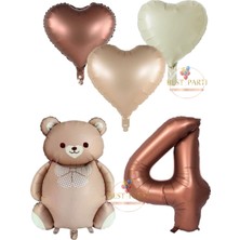 Kahverengi Renk Rakam Ayıcıklı ve Kalpli Folyo Balon Seti Yaş 4