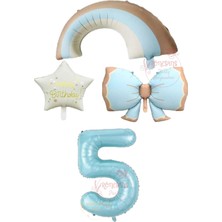 Rönesans Mavi Renk Fiyonk Gökkuşağı Yıldız ve Rakam Folyo Balon Seti Yaş 5