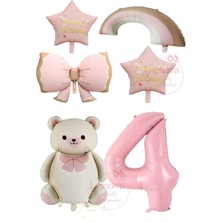 Rönesans Pembe Renk Fiyonk Yıldız Rakam Gökkuşağı ve Krem Ayıcıklı Folyo Balon Seti Yaş 4