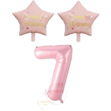Rönesans Pembe Renk Rakam ve Happy Bırthday Yazılı Yıldız Folyo Balon Seti Yaş 7