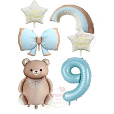 Rönesans Mavi Renk Fiyonk Rakam Gökkuşağı Yıldız ve Karamel Renk Ayıcıklı Folyo Balon Seti Yaş 9