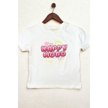 Beyaz Bisiklet Yaka Baskılı Kısa Kollu Kız Çocuk Tişört/t-Shirt
